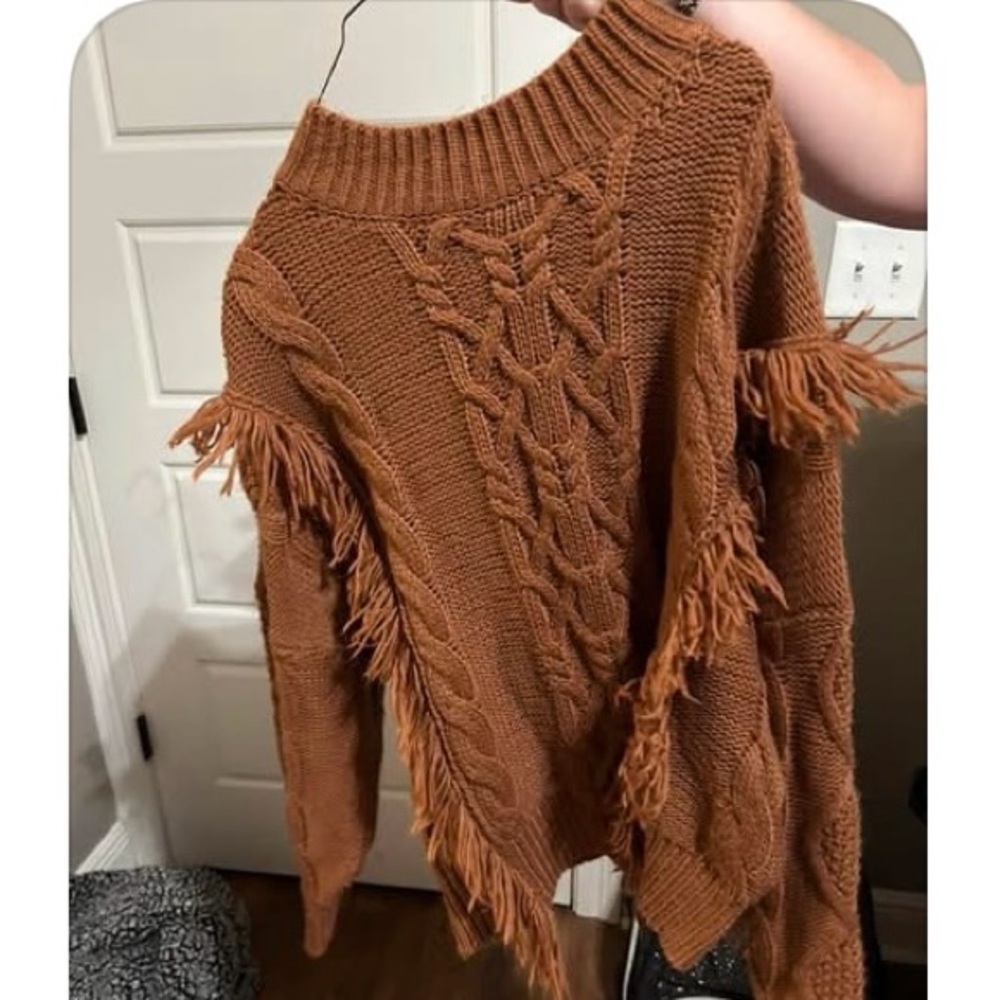 She + Sky Rust Cable Knit Sweater with Fringe